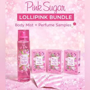 Pink Sugar Lollipink Body Mist 8oz + 5 Perfume Samples Bundle NEW